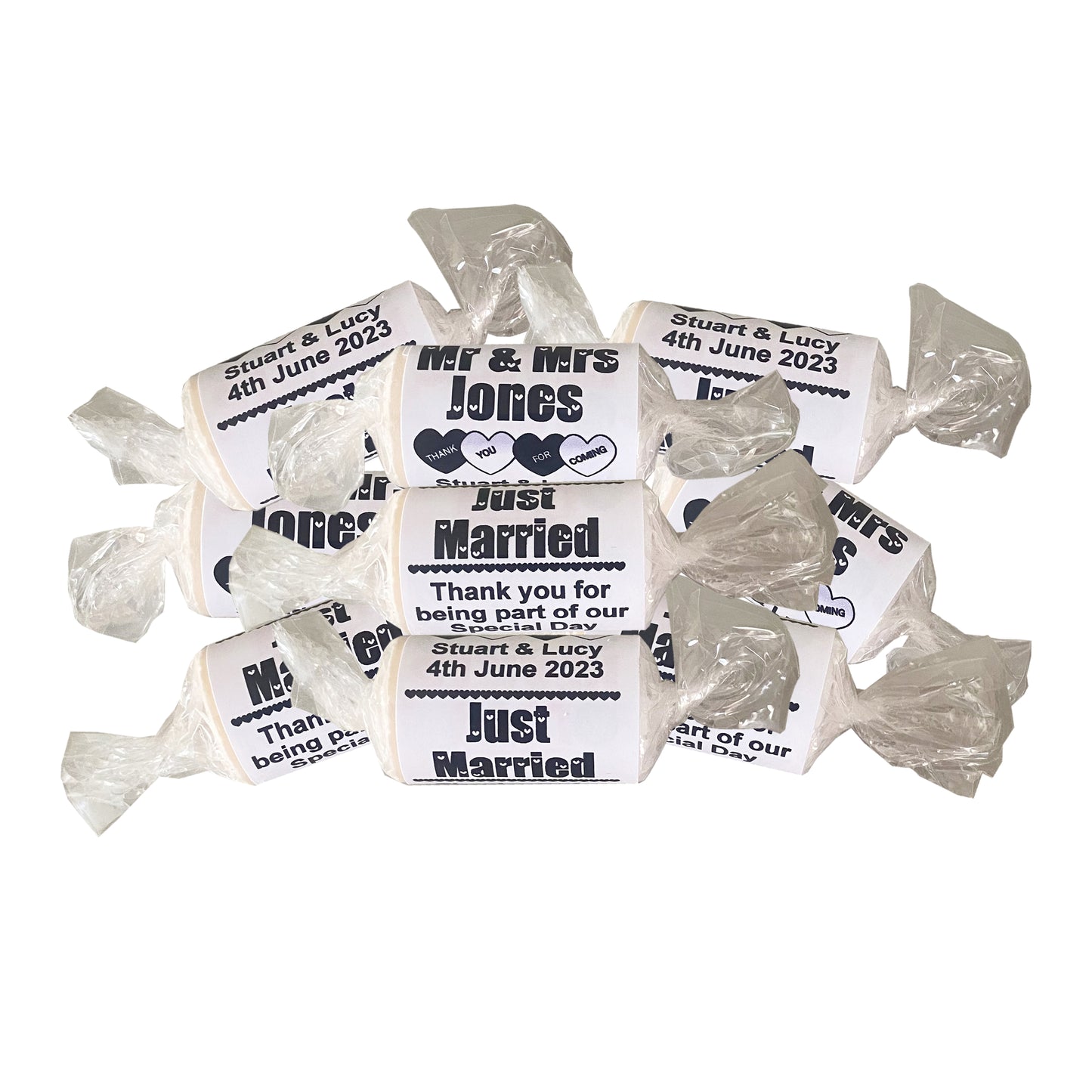Black wedding favours personalised love heart sweets