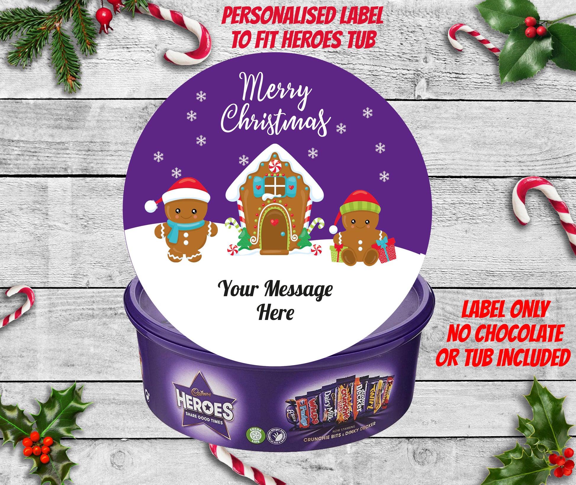 Cadbury Purple Christmas Tub Tin Sticker Label Gingerbread House Gift