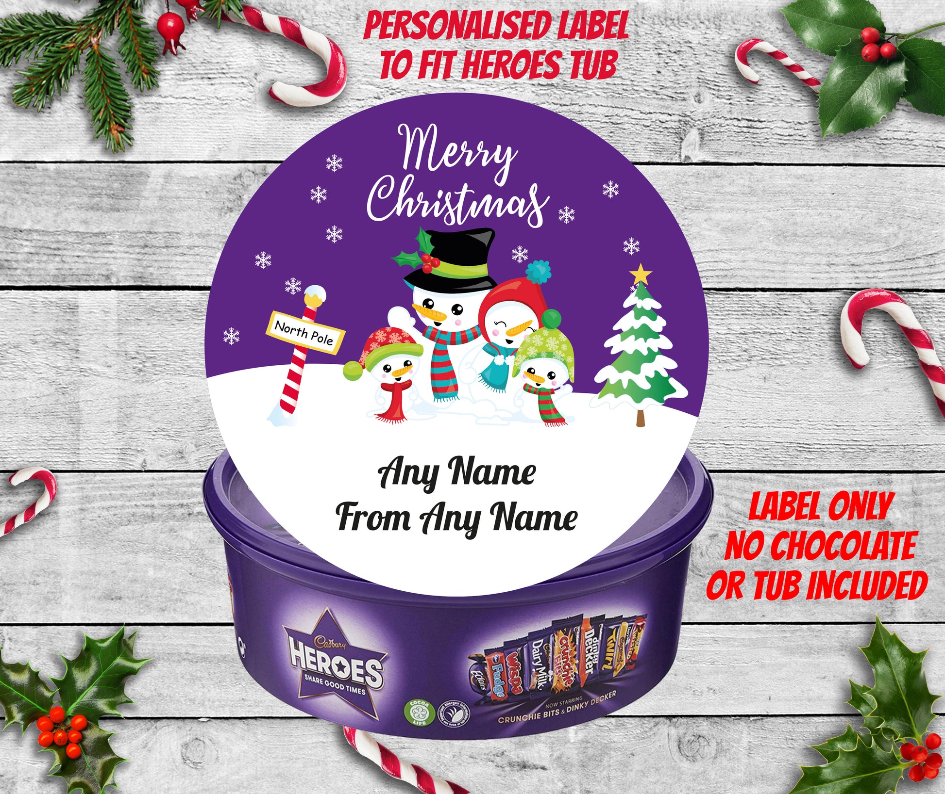 Cadbury Purple Christmas Tub Tin Sticker Label Little Snowman Gift