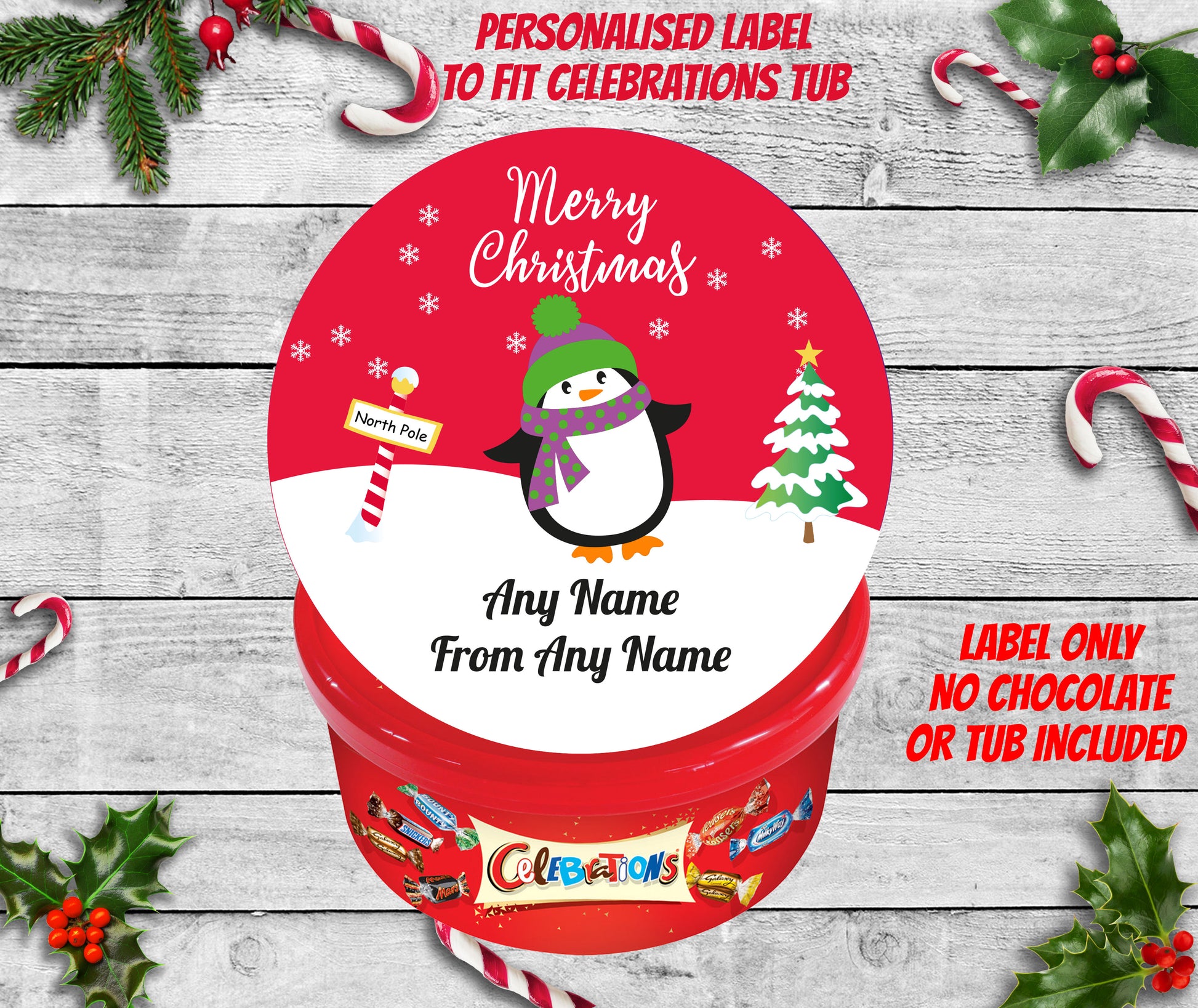 Nestle Celebrations Christmas Tub Tin Sticker Label Cute Penguin RED
