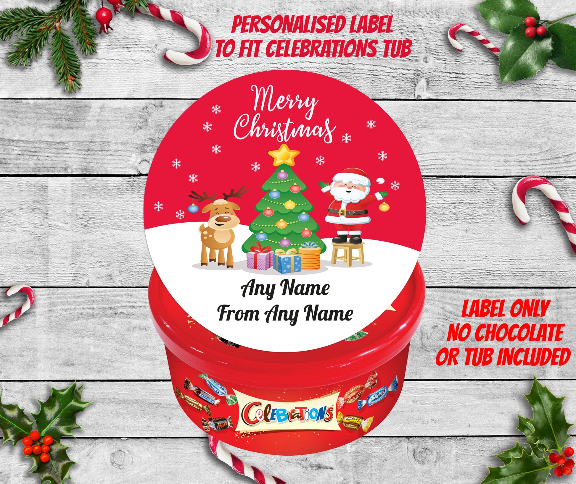 Nestle Celebrations Christmas Tub Tin Sticker Label Santa & Ruldoph Red