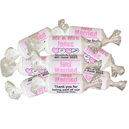 Baby pink wedding favours personalised love heart sweets