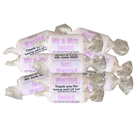 Lilac wedding favours personalised love heart sweets
