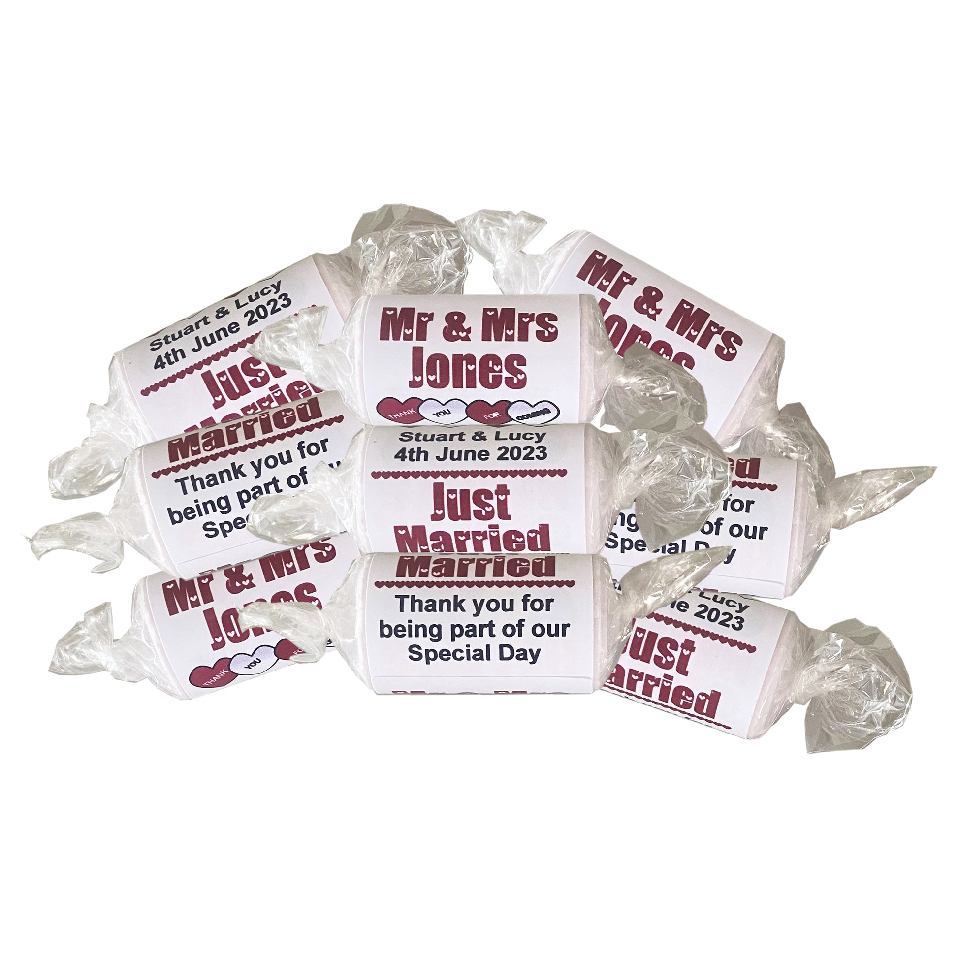 Burgundy wedding favours personalised love heart sweets