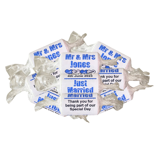 Royal blue wedding favours personalised love heart sweets